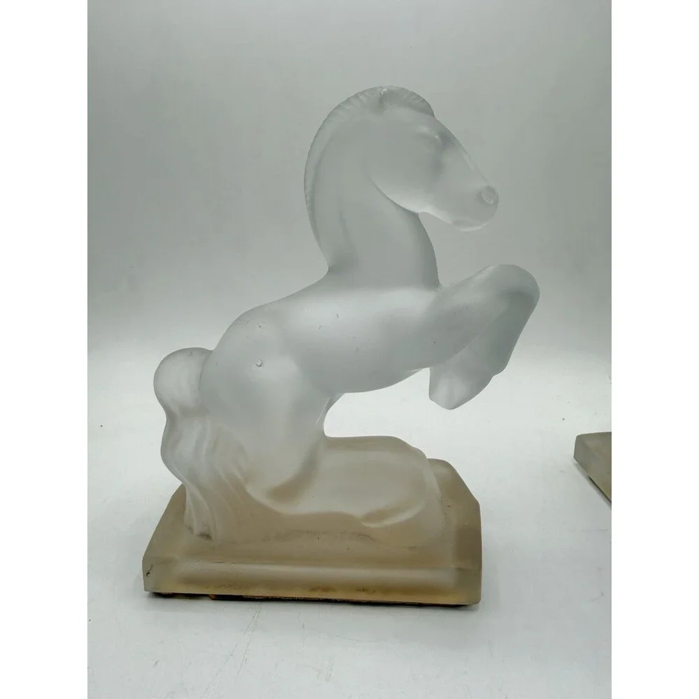 Vintage Frosted Glass Rearing Horse Bookends Art Deco Pair 8